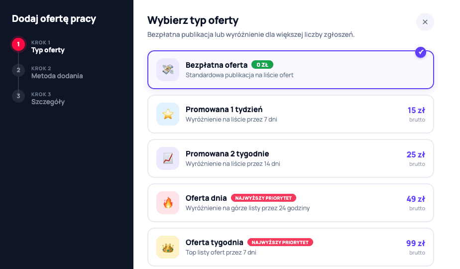 Kreator dodawania oferty Jober - wybór typu oferty