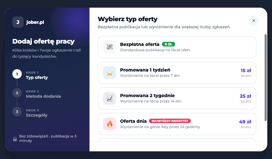 Kreator dodawania oferty Jober - wybór typu oferty